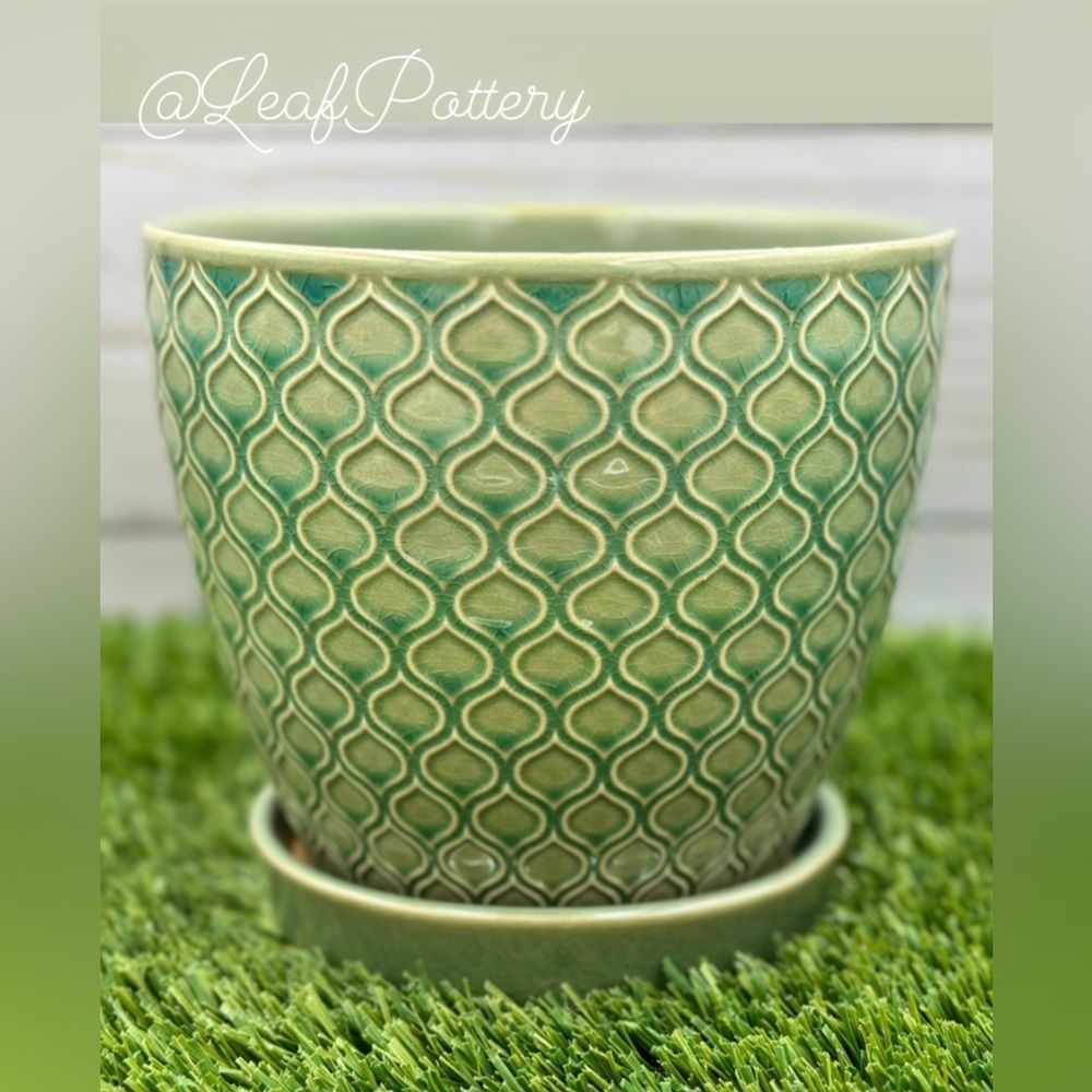 Coral Aqua/Green Ceramic Planter Pot with Saucer Attached - Picture 3 of 8